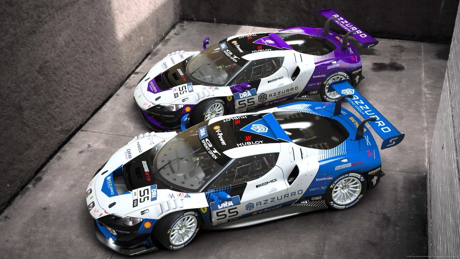 Two Azzurro Racing Group Ferrari GT3 cars in blue and purple liveries