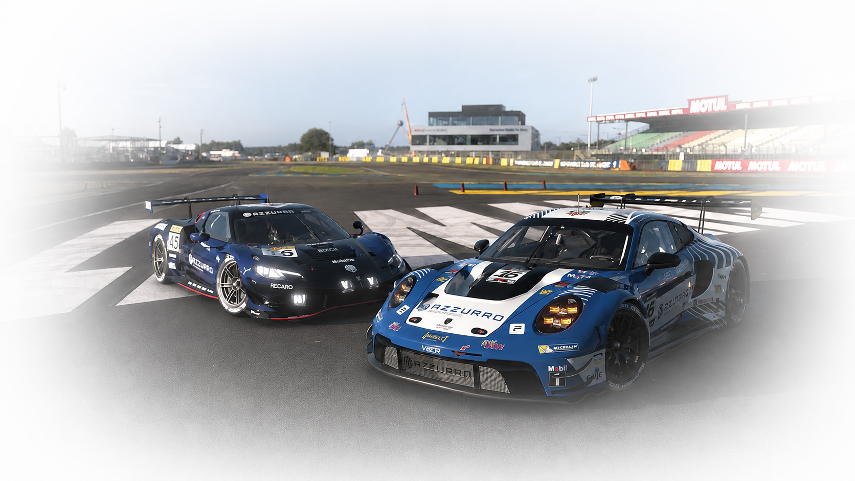 Azzurro Racing Group Porsche and Ferrari GT cars on the Le Mans start line